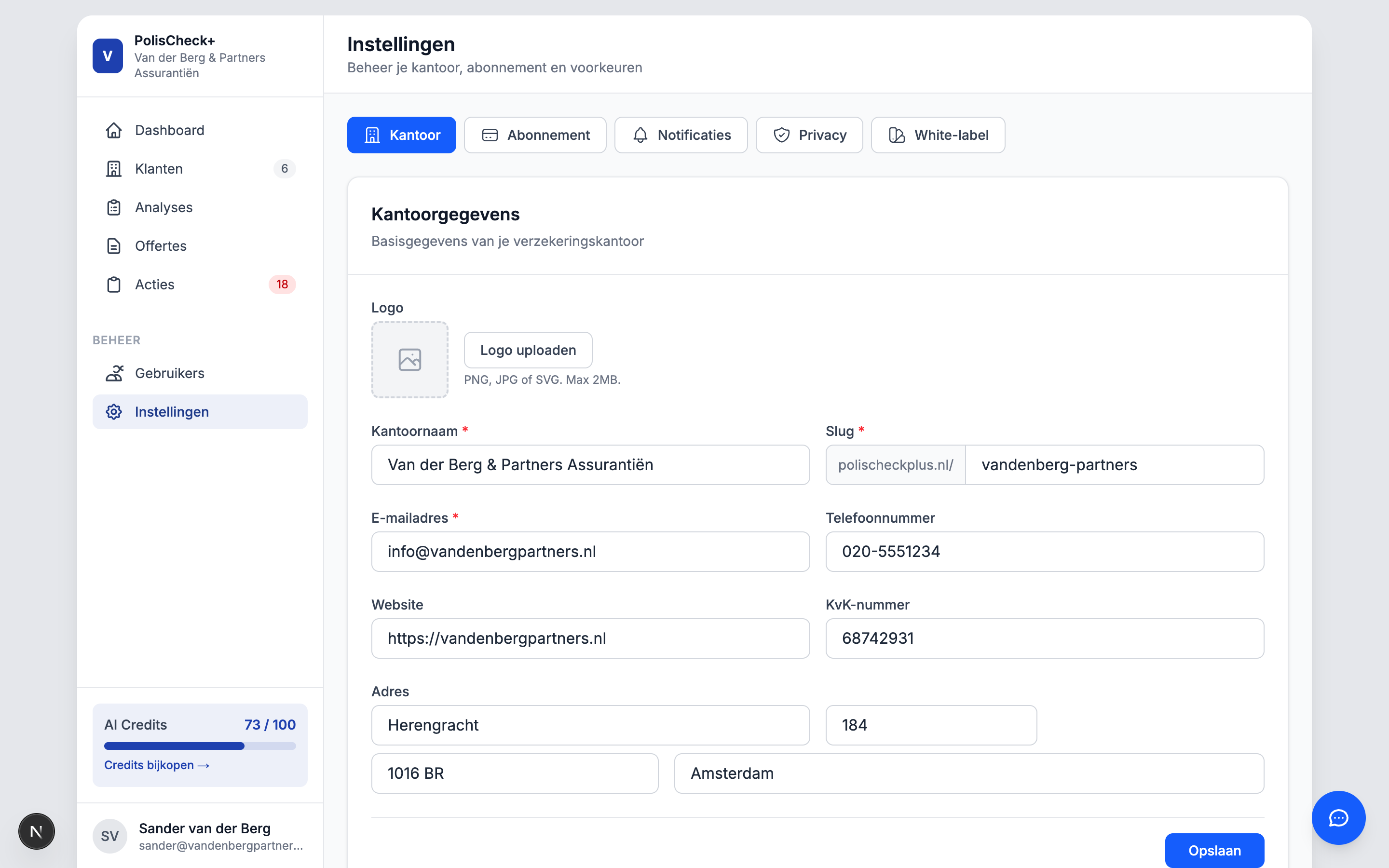 Instellingenpagina met kantoorgegevens, logo-upload en white-label opties