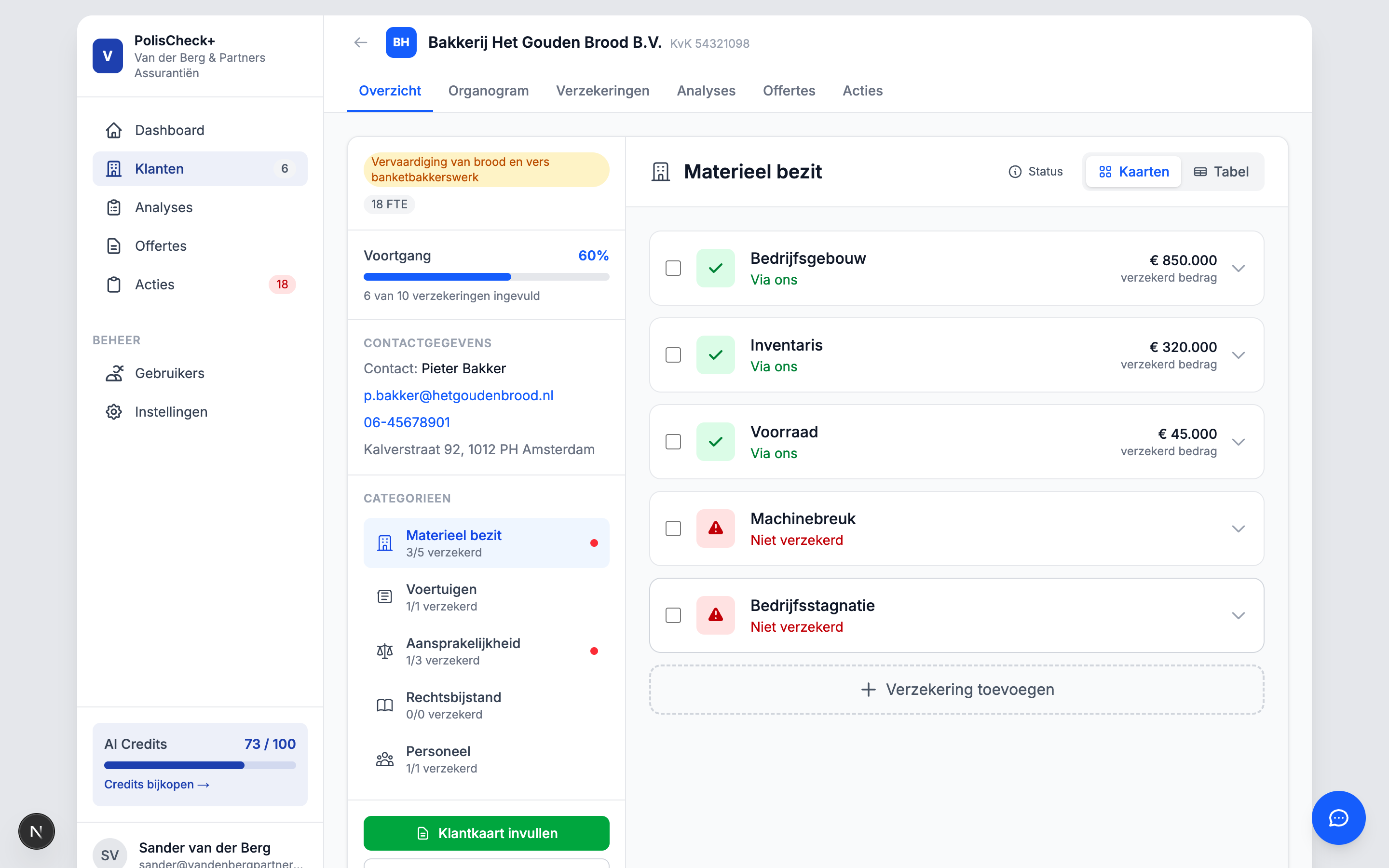 Klantkaart met bedrijfsgegevens, verzekeringscategorieën en dekkingsstatus