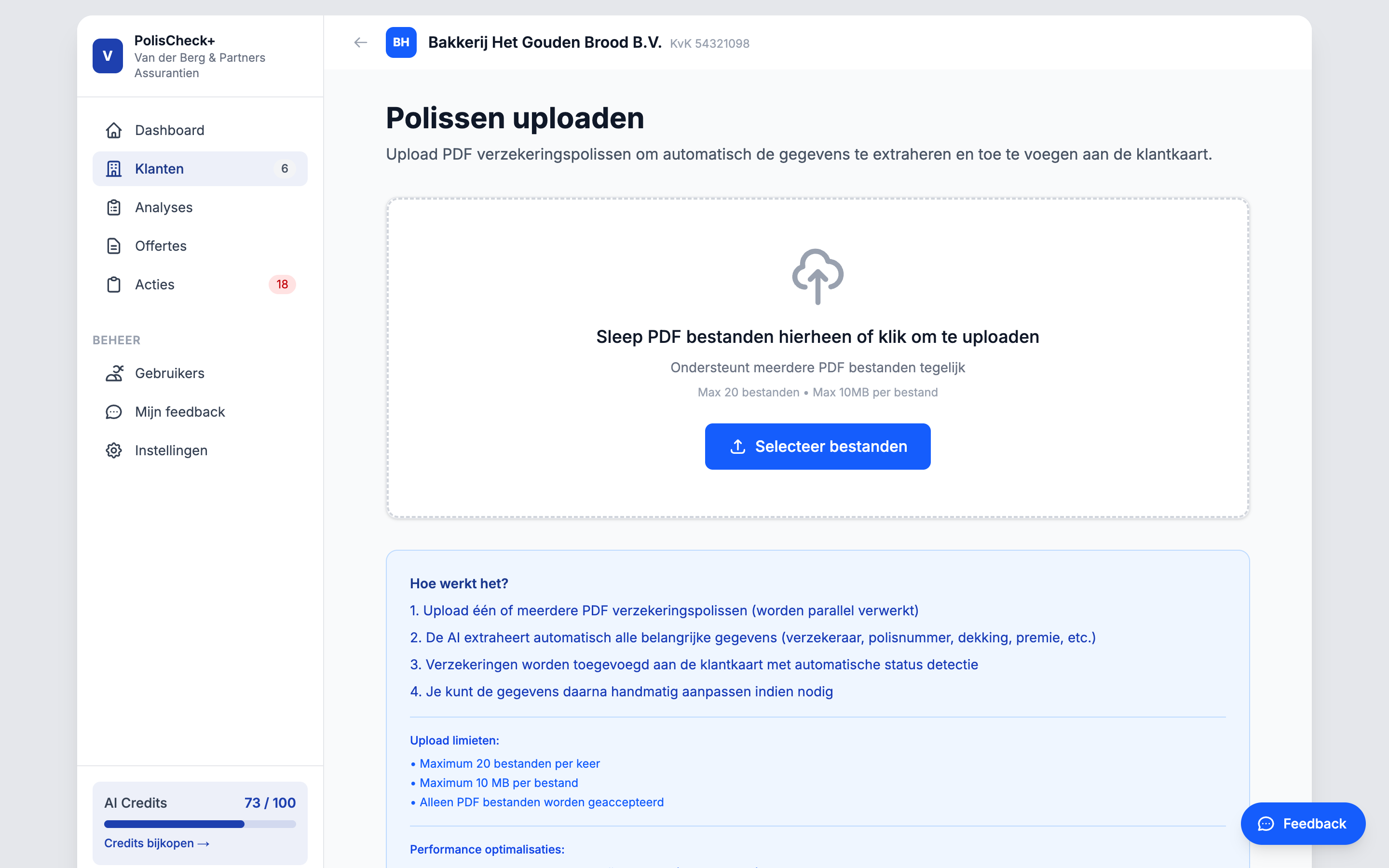 Upload-scherm voor polis-PDF's: sleep meerdere bestanden tegelijk en laat gegevens automatisch uitlezen